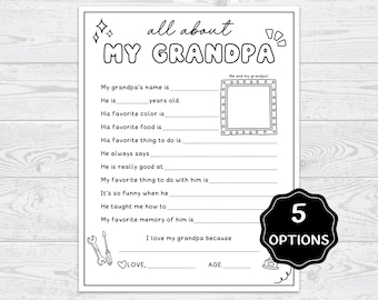 All About My Grandpa Questionnaire Printable, Grandparents' Day Interview Questions,Father's Day Activity,Fill In The Blank Gift for Grandpa
