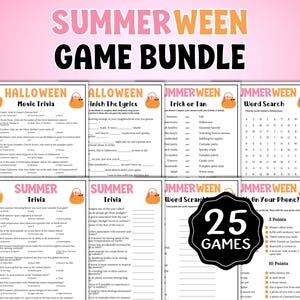 May include: A Summerween game bundle featuring multiple printed activity sheets with titles like Halloween Movie Trivia, Finish The Lyrics, Trick or Tan, and Word Search. A black badge with white text reads 25 GAMES. The sheets have orange pumpkin graphics.