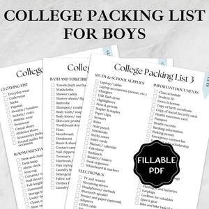 Puede incluir: Una lista de empaque para el colegio para niños, con listas de verificación de ropa, elementos esenciales de la habitación, artículos de tocador, útiles escolares y documentos importantes. Las listas están en papel blanco con un fondo de mármol.