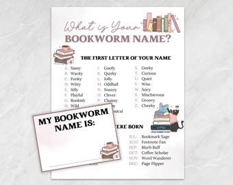 What's Your Bookworm Name with Name Tags, Book Club Games Printable, Book Club Party Game Ideas, Book Club Icebreaker Games, Bookworm Gifts