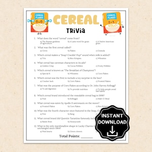 Cereal Trivia Game, Cereal Party Game for Kids & Adults, Breakfast Party Game, Cereal Birthday, Family Game Night, Office Party Fun Activity