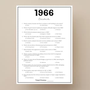 May include: A white rectangular trivia game sheet with black text titled 1966 trivia. It features twelve multiple-choice questions about events from 1966, including topics like space exploration, politics, music, and pop culture, ending with a total points line.