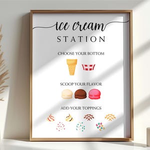 Enseigne de bar à crème glacée avec cartes de table, enseigne d'anniversaire de crème glacée, station de crème glacée, préparation de votre propre coupe glacée, menu de crèmes glacées pour la fête