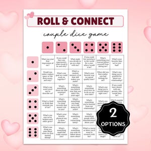Puede incluir: Un juego de dados para parejas "Roll & Connect" rosa y blanco. El juego presenta dados con puntos y preguntas para parejas. El juego incluye el texto "2 OPTIONS" en un círculo negro.
