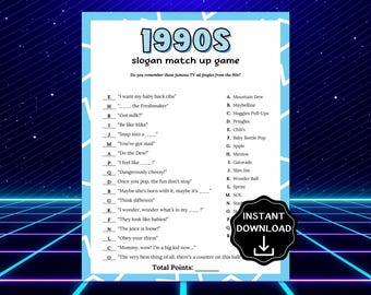 1990er Jahre Slogan-Trivia-Spiel, 90er Jahre TV-Werbe-Jingle, 1990er-Jahre-Spiel, TV-Werbung, Slogan-Quiz für Erwachsene Senioren, Spiele zum 30