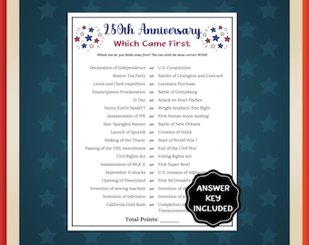 Jogo do 250º Aniversário, Jogo "O Que Veio Primeiro?", Jogo do 4 de Julho, Jogo dos 250 Anos dos EUA, Jogo de Perguntas e Respostas sobre o 4 de Julho, Atividade de História dos EUA para a Sala de Aula