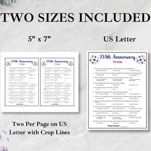 Pode incluir: S&atilde;o exibidas duas folhas de trivia, uma de 12,7 cm x 17,8 cm e a outra no tamanho US Letter. O texto "250th Anniversary Trivia" est&aacute; no topo de cada folha. As folhas s&atilde;o brancas com detalhes em azul e vermelho.