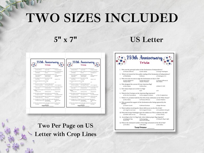 Pode incluir: S&atilde;o exibidas duas folhas de trivia, uma de 12,7 cm x 17,8 cm e a outra no tamanho US Letter. O texto "250th Anniversary Trivia" est&aacute; no topo de cada folha. As folhas s&atilde;o brancas com detalhes em azul e vermelho.