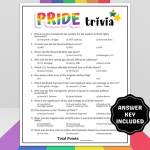May include: A printable Pride trivia game with 12 multiple choice questions about LGBTQ+ history and culture. The answer key is included. The game is printed on a white background with a rainbow border.