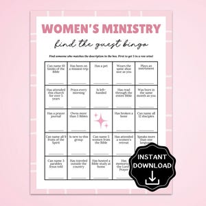 May include: A pink and white bingo game card with the text "WOMEN'S MINISTRY find the guest bingo." The card includes various prompts to find guests with matching descriptions. A black circle with the words "INSTANT DOWNLOAD" is in the bottom right corner.