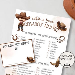 What&#39;s Your Cowboy Name with Name Tags, Cowboy Birthday Party Game, Western Party Game for Kids & Adults, Cowboy Baby Shower Game