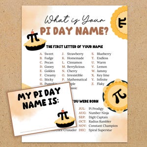 May include: A playful Pi Day themed print with the text "What is Your PI DAY NAME?" and a matching card that says "MY PI DAY NAME IS:". The design includes pie graphics and a list of names based on the first letter of your name.