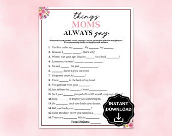 Mother's Day Game, Things Moms Say Game, Funny Mother's Day Ice Breaker Activity, Mother's Day Brunch Games, Mother's Day Tea Party Game