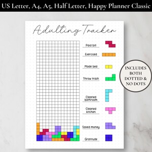 May include: A printable "Adulting Tracker" checklist with a grid of squares for marking off daily tasks. The tasks include "Paid bill", "Exercised", "Made bed", "Throw trash", "Cleaned bathroom", "Cleaned kitchen", "Saved money", and "Gratitude".