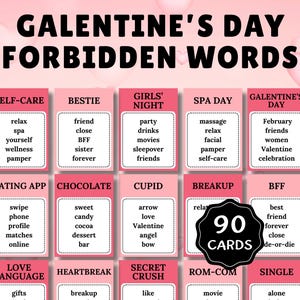 Peut inclure: Un jeu de cartes "Galentine's Day Forbidden Words" avec 90 cartes. Les cartes roses et blanches présentent des mots comme "self-care", "bestie" et "breakup". Le fond est rose avec des cœurs.