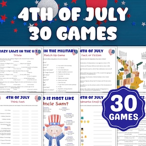 May include: A festive 4th of July game set with 30 games, featuring trivia, fact or fiction, and matching games. The design includes red, white, and blue stars and text, perfect for Independence Day celebrations.
