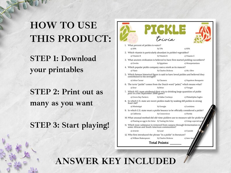 May include: A printable pickle trivia game with a white background, featuring questions and answers. The text includes "PICKLE trivia" in green and a guide on how to use the product. A black pen rests on the page.
