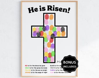 He is Risen Fingerprint Craft, Easter Thumbprint Art with Jelly Bean Prayer, He is Risen Sunday School Handprint Craft for Kids & Toddlers