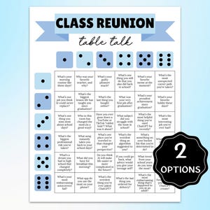 May include: A printable class reunion table talk game with a light blue background. The design includes dice graphics and prompts for conversation starters. The text "CLASS REUNION" and "table talk" are at the top. A black sticker with "2 OPTIONS" is at the bottom.