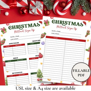 May include: Printable Christmas potluck sign up sheet with a festive design featuring red and green ornaments, candy canes, and stars. The sheet includes sections for appetizers, main dishes, sides, beverages, and a space for names and what they are bringing.