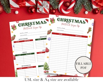 May include: Printable Christmas potluck sign up sheet with a festive design featuring red and green ornaments, candy canes, and stars. The sheet includes sections for appetizers, main dishes, sides, beverages, and a space for names and what they are bringing.