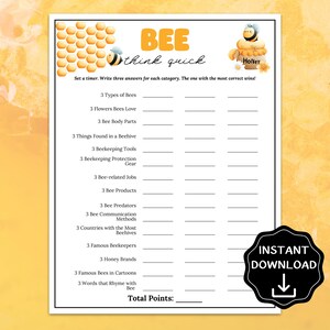 Könnte beinhalten: Ein weißes, bedruckbares Spielblatt mit dem Titel "BEE think quick" in Orange und Schwarz. Das Spiel enthält Kategorien wie "3 Arten von Bienen" und "3 Honigmarken". Ein schwarzer "SOFORT-DOWNLOAD"-Aufkleber befindet sich unten rechts.