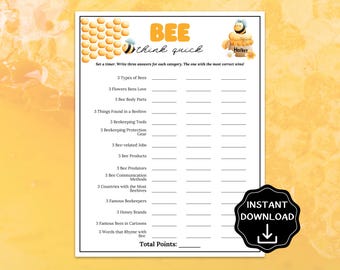 Juego de preguntas sobre abejas, juego para baby shower con temática de abejas, juego imprimible, cuestionario sobre abejas para el club de apicultores, actividades para el Día Mundial de las Abejas para niños y adultos.