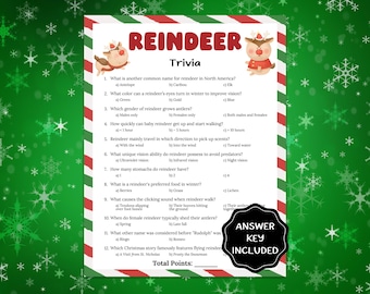 May include: A white paper sheet with red and green striped borders featuring a Reindeer Trivia game. The text includes twelve multiple-choice questions about reindeer, two cartoon reindeer illustrations, and a black badge stating Answer Key Included.