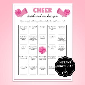 Op de afbeelding: Een roze en witte printbare "Cheer Icebreaker Bingo" game. De game bevat een raster met verschillende cheerleading-gerelateerde prompts. De woorden "CHEER icebreaker bingo" staan bovenaan, met de woorden "Instant Download" op een zwarte badge.