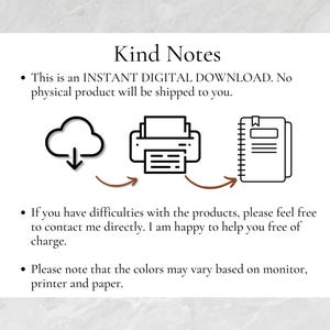 May include: White background with the text "Kind Notes" and bullet points. The image includes line drawings of a cloud with a downward arrow, a printer, and a notebook. Text states this is a digital download.