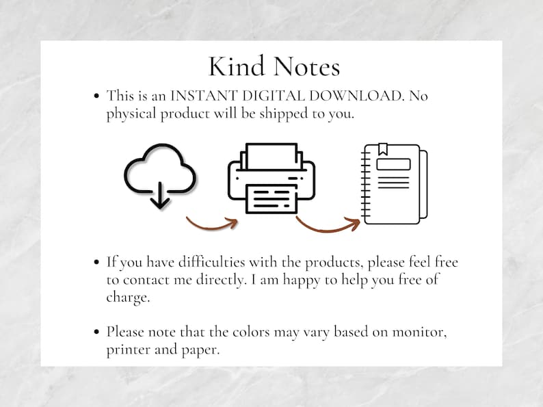 May include: White background with the text "Kind Notes" and bullet points. The image includes line drawings of a cloud with a downward arrow, a printer, and a notebook. Text states this is a digital download.