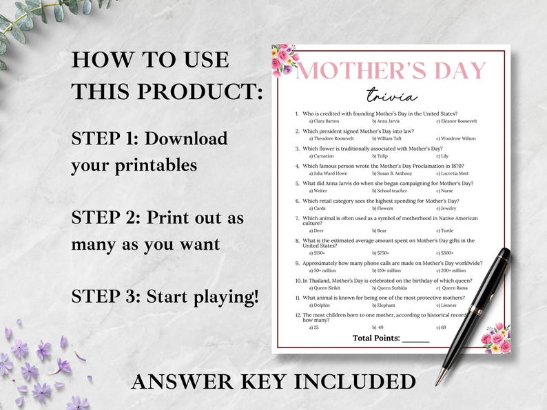 Mother's Day Trivia, Mother's Day Game, Mother's Day Activities for Kids & Adults, Mother's Day Brunch Games, Mother's Day Tea Party Games image 3