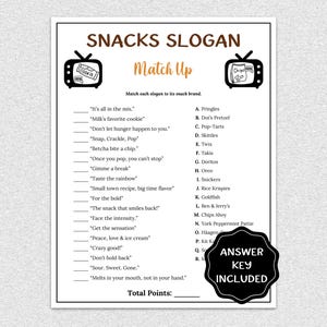 Snack Slogan Trivia Game, TV Commercial Slogan Trivia Game, Family Game Night, Snacks Party Game for Kids & Adults, Fun Office Party Ideas