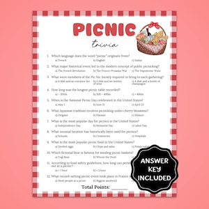 May include: A picnic trivia game sheet with a red and white checkered border. The title "PICNIC trivia" is at the top, with a picnic basket illustration. The game includes questions about picnics, with an answer key.