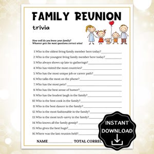Family Reunion Trivia Game, Family Reunion Party Game, Family Questions Quiz, Family Icebreaker Questions, How Well Do You Know Your Family