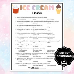 Ice Cream Trivia Game, Ice Cream Party Games, Ice Cream Day Activity for Kids & Adults, Summer Classroom Activities, Ice Cream Shower Game