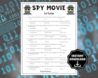 Juego de trivia de películas de espías, juego de fiesta con temática de espías para niños y adultos, ideas para fiestas de cumpleaños de agentes secretos, actividades de fiesta de cumpleaños de espías para niñas