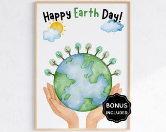 May include: Watercolor illustration with the text "Happy Earth Day!" features a globe held in hands, with trees, a sun, and clouds. The image is framed in a wooden border and includes a "BONUS INCLUDED" sticker.
