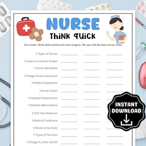 Nurse Think Quick Trivia Game, Nurse Games, Nurse Appreciation Week Activity, Nurse Grad Party Games for Nursing Students, Nurse Retirement