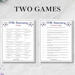 Pode incluir: Duas folhas de jogo com o texto "TWO GAMES" no topo. As folhas s&atilde;o intituladas "250th Anniversary Trivia" e "250th Anniversary True or False". A folha de curiosidades tem perguntas de m&uacute;ltipla escolha. A folha de verdadeiro ou falso tem perguntas de verdadeiro ou falso.