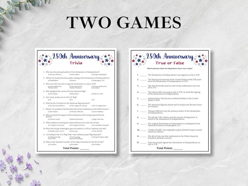 Pode incluir: Duas folhas de jogo com o texto "TWO GAMES" no topo. As folhas s&atilde;o intituladas "250th Anniversary Trivia" e "250th Anniversary True or False". A folha de curiosidades tem perguntas de m&uacute;ltipla escolha. A folha de verdadeiro ou falso tem perguntas de verdadeiro ou falso.