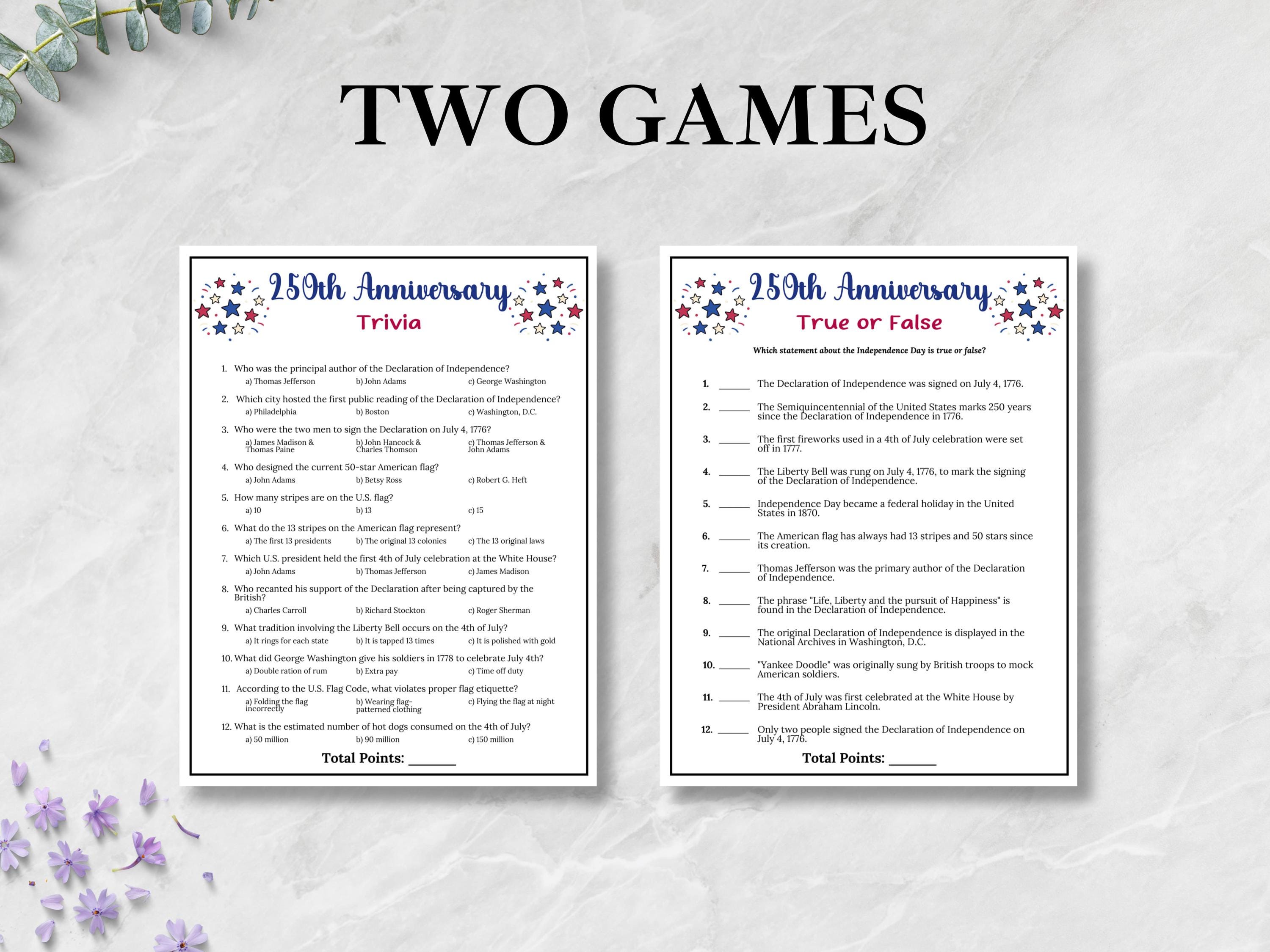 250th Anniversary Trivia Games, 4th of July Games, USA 250 Years Games ...