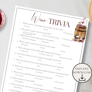 Wine Trivia Game, Wine Tasting Party Game, Printable Wine Themed Trivia Quiz, Wine Birthday Game, Wine Bridal Shower Game, Dinner Party Game