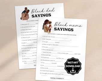 Black Mama Sayings Game, Black Dad Sayings Game, Black Baby Shower Games, Fun African American Baby Shower Activity, Black Mom Party Games