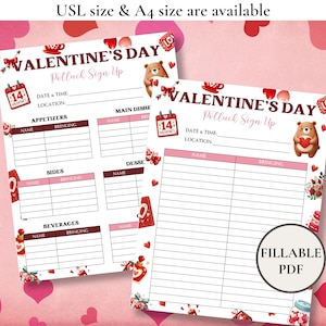 May include: Two printable Valentine's Day potluck sign-up sheets with a pink and red color scheme. The sheets feature hearts, bears, and other Valentine's Day themed graphics. The text on the sheets reads "Valentine's Day Potluck Sign Up".