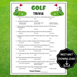 Puede incluir: Una hoja de papel blanca con un juego de preguntas sobre golf. El título "GOLF TRIVIA" está en la parte superior, con preguntas sobre las reglas y la historia del golf. Una pegatina negra de "DESCARGA INSTANTÁNEA" está en la esquina inferior derecha.