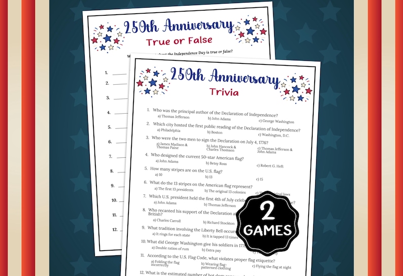 Pode incluir: Duas folhas de jogo imprim&iacute;veis para o 250&ordm; anivers&aacute;rio do Dia da Independ&ecirc;ncia. Uma folha &eacute; um jogo Verdadeiro ou Falso, e a outra &eacute; um jogo de perguntas e respostas. Os jogos s&atilde;o decorados com estrelas vermelhas, brancas e azuis.