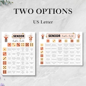 May include: Two printable "Senior Table Talk" game sheets. Each sheet features a grid of questions, dice illustrations, and the text "Senior Table Talk". The sheets are on a white background with a light gray marble effect.