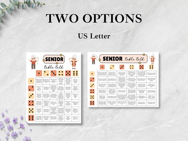 May include: Two printable "Senior Table Talk" game sheets. Each sheet features a grid of questions, dice illustrations, and the text "Senior Table Talk". The sheets are on a white background with a light gray marble effect.