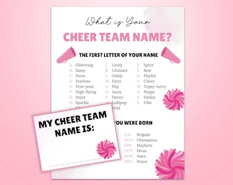May include: A pink and white printable game sheet titled "What is Your Cheer Team Name?" with a matching card. The sheet includes a list of cheer team names based on the first letter of your name and birth month.